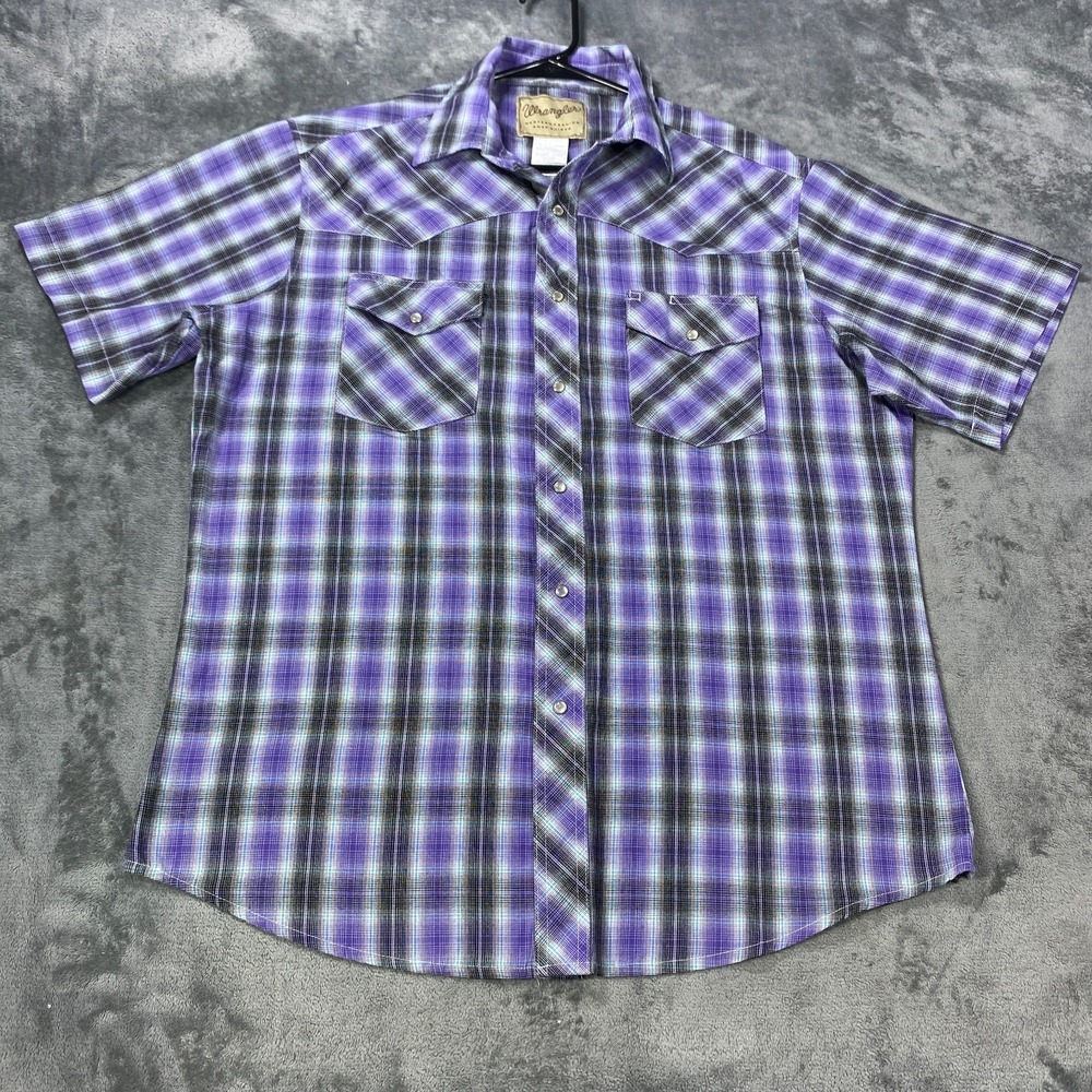 Wrangler Shirt Mens Large Purple Striped Western Pearl Snap Short Sleeve Cowboy